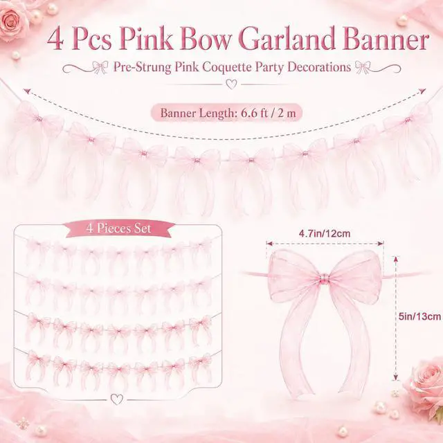 Alt view image 2 of 7 - 4 Pcs Pink Bow Garland Banner, Pre Strung Pink Bowknot Coquette Ribbon Party Decortions for Girls Bow Birthday Decorations, Bachelorette Party Decorations, Bridal Shower