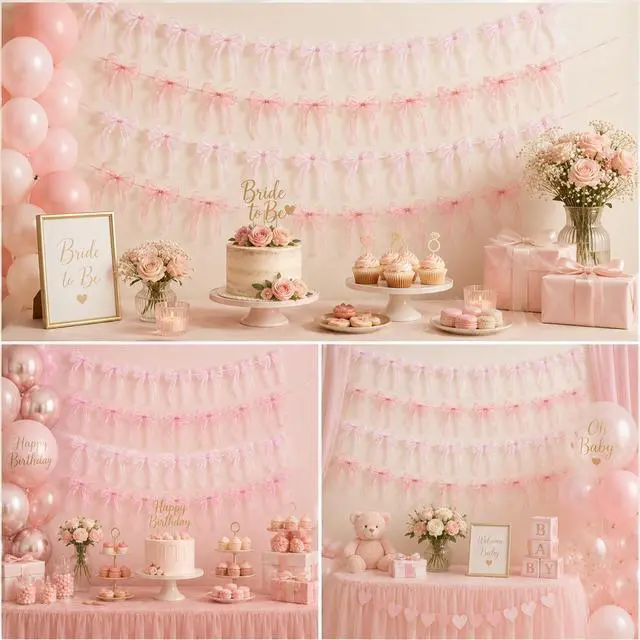 Alt view image 6 of 7 - 4 Pcs Pink Bow Garland Banner, Pre Strung Pink Bowknot Coquette Ribbon Party Decortions for Girls Bow Birthday Decorations, Bachelorette Party Decorations, Bridal Shower
