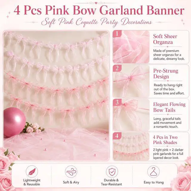 Alt view image 3 of 7 - 4 Pcs Pink Bow Garland Banner, Pre Strung Pink Bowknot Coquette Ribbon Party Decortions for Girls Bow Birthday Decorations, Bachelorette Party Decorations, Bridal Shower