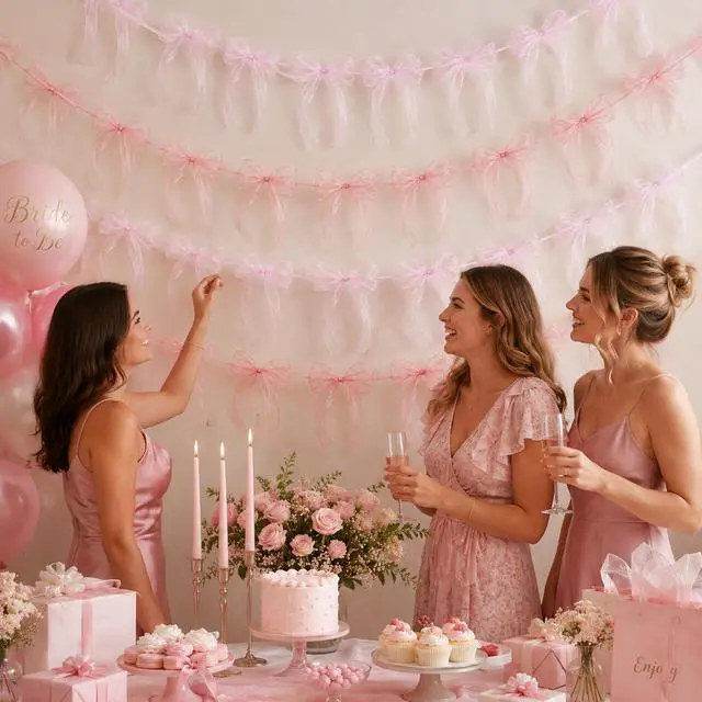 Alt view image 7 of 7 - 4 Pcs Pink Bow Garland Banner, Pre Strung Pink Bowknot Coquette Ribbon Party Decortions for Girls Bow Birthday Decorations, Bachelorette Party Decorations, Bridal Shower