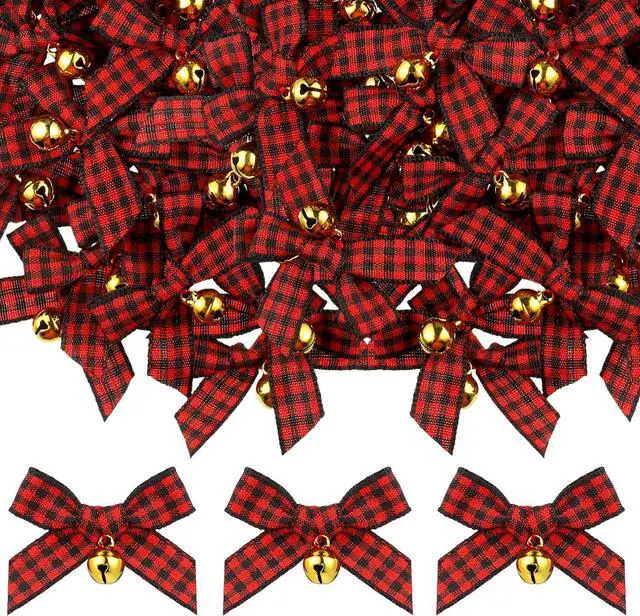 Main image of Dingion 50 Pcs Christmas Bow Bell, Red and Black, Polyester