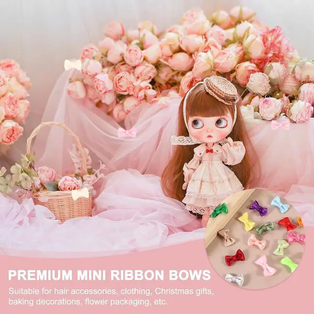 Alt view image 4 of 5 - MECCANIXITY 50 Pcs Mini Ribbon Bow 0.8" Mini Fabric Satin Ribbon Flower Bows for Craft DIY Sewing Wedding Birthday Party, Pink