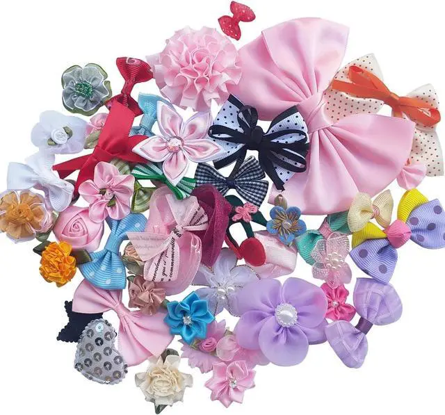 Alt view image 3 of 7 - Chenkou Craft Mix Bulk 50pcs Ribbon Flowers Bows Craft Wedding Ornament Appliques A0241