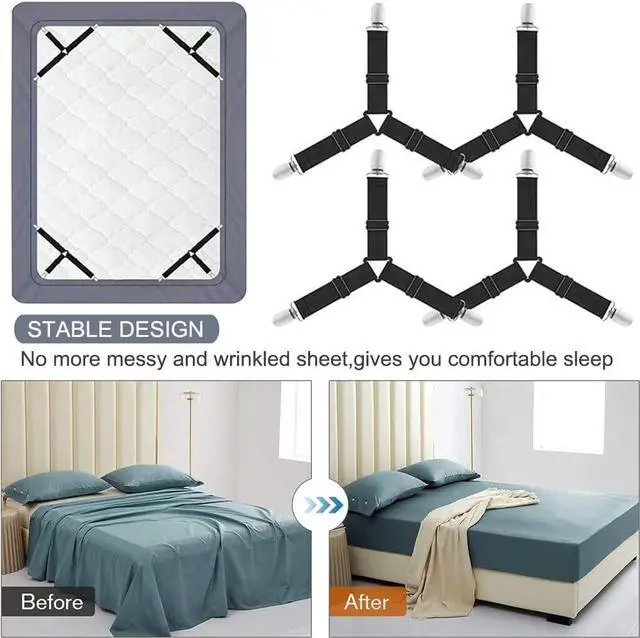 Alt view image 4 of 7 - Bed Sheet Holder Straps, Upgrade Non Slip Sheet Clips, Fitted Sheet Holders for Corners, Easy Install Adjustable Elastic Firm Tight Accessories, 4Pcs/Set Black