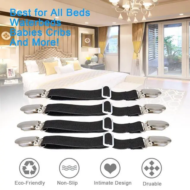 Alt view image 5 of 7 - BetyBedy 4Pcs Adjustable Bed Sheet Fasteners Suspenders, Elastic Sheet Band Straps Clips, Cover Grippers Suspenders Holder for Mattress Pad Cover, Sofa Cushion (Black)