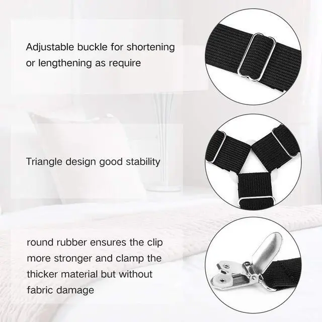 Alt view image 2 of 7 - Foloda Sheet Holders, 4 pcs Adjustable Bed Sheet Straps, Fitted Sheet Holder Clips Fasteners Suspenders Gripper Locker Scrunchie for Bed Mattress Corners, Keep Sheet Firm Tight