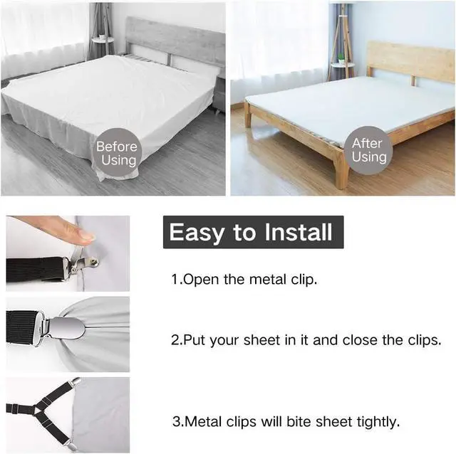 Alt view image 4 of 7 - Foloda Sheet Holders, 4 pcs Adjustable Bed Sheet Straps, Fitted Sheet Holder Clips Fasteners Suspenders Gripper Locker Scrunchie for Bed Mattress Corners, Keep Sheet Firm Tight