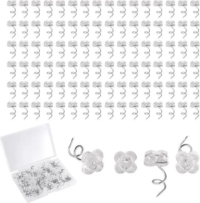 Main image of 100pcs Bed Skirt Pins, 0.43 Inch Twist Pins with Clear Heads Upholstery Tacks Headliner Pin for Slipcovers and Bedskirts Holders (Four-Leaf Clover)