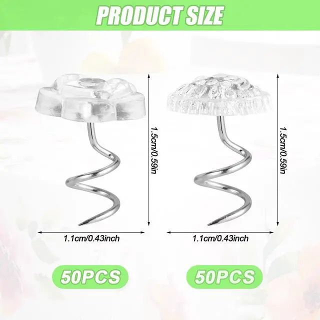 Alt view image 2 of 7 - 100pcs Bed Skirt Pins, Strong Hold Upholstery Tacks Headliner Pins Flower and Mushroom Clear Heads Spiral Push Pin Twist Pins for Fixing Slipcovers Bedskirts Furniture Drapery Quilt Fabrics in Place
