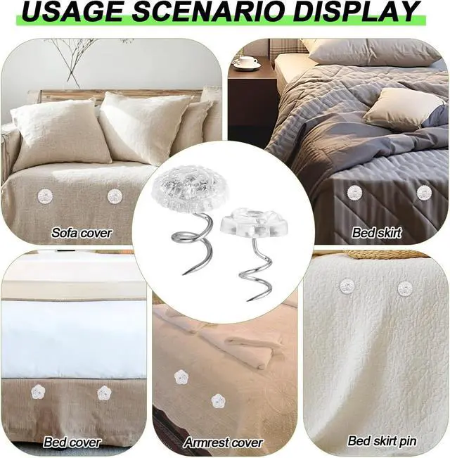 Alt view image 7 of 7 - 100pcs Bed Skirt Pins, Strong Hold Upholstery Tacks Headliner Pins Flower and Mushroom Clear Heads Spiral Push Pin Twist Pins for Fixing Slipcovers Bedskirts Furniture Drapery Quilt Fabrics in Place