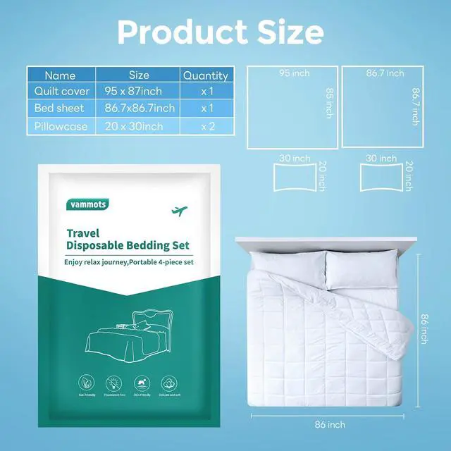 Alt view image 2 of 7 - Disposable Bed Sheets for Hotel, King Size Travel Disposable Bedding Set,Disposable Duvet/Comforter Cover,Safe and Portable for Travel,Contains 1bed Sheet 1quilt Cover and 2pillowcases
