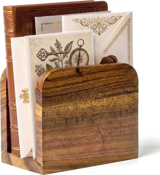 Main image of Acacia Wood Mail Organizer Countertop -Letter Holder for Office Desk