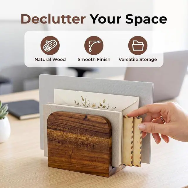Alt view image 2 of 7 - Acacia Wood Mail Organizer Countertop -Letter Holder for Office Desk
