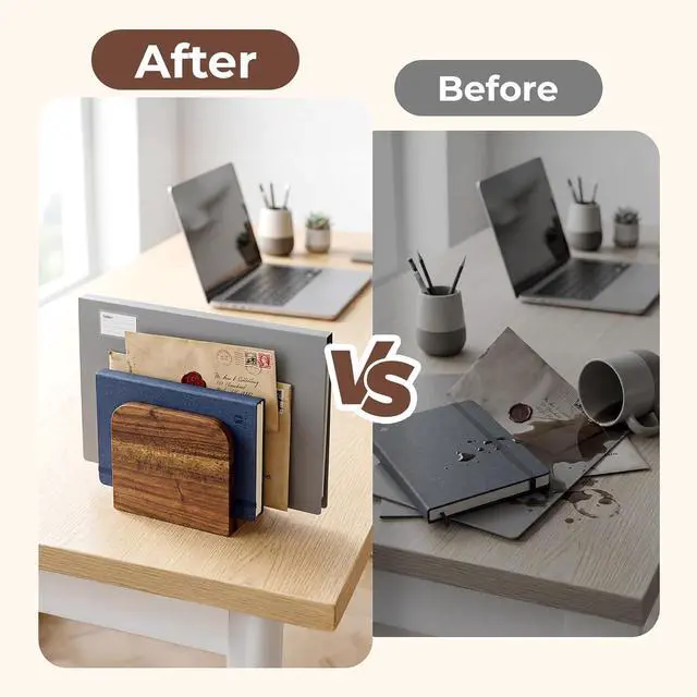 Alt view image 4 of 7 - Acacia Wood Mail Organizer Countertop -Letter Holder for Office Desk