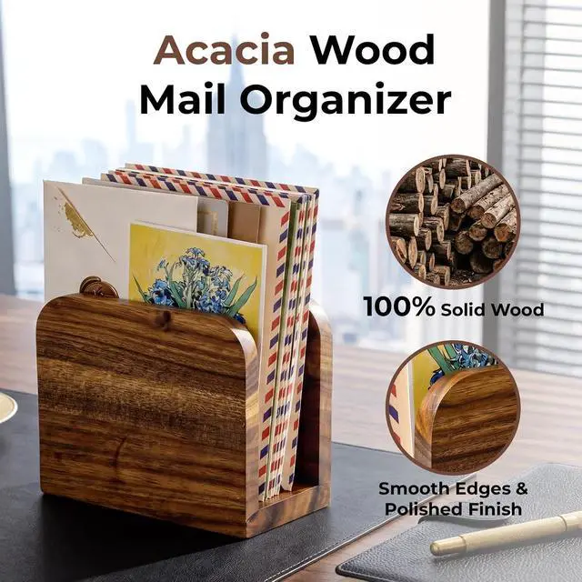 Alt view image 5 of 7 - Acacia Wood Mail Organizer Countertop -Letter Holder for Office Desk