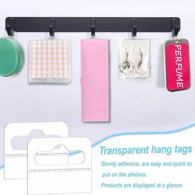 Alt view image 6 of 7 - 200 Pack Plastic Hang Tags Clear Slot Hole Self Adhesive Hanging Tabs Heavy Duty Clear Plastic Hang Tags Hook for Store Retail Display Tab
