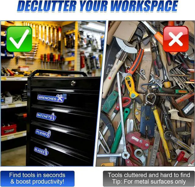 Alt view image 2 of 6 - Magnetic Tool Box Labels and Hooks Set, 12 PCS Toolbox Magnetic Labels + 4PCS Self Adhesive Metal Hooks, Reusable Tool Box Accessories Organize for Steel Carts, Drawers, and Cabinets(Blue)