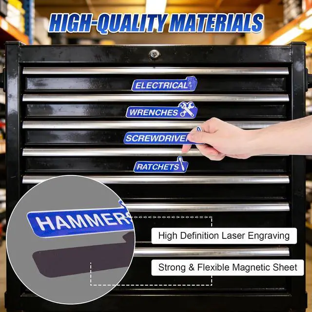 Alt view image 3 of 6 - Magnetic Tool Box Labels and Hooks Set, 12 PCS Toolbox Magnetic Labels + 4PCS Self Adhesive Metal Hooks, Reusable Tool Box Accessories Organize for Steel Carts, Drawers, and Cabinets(Blue)