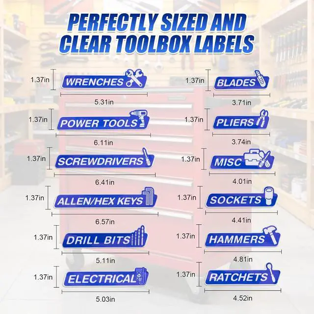 Alt view image 5 of 6 - Magnetic Tool Box Labels and Hooks Set, 12 PCS Toolbox Magnetic Labels + 4PCS Self Adhesive Metal Hooks, Reusable Tool Box Accessories Organize for Steel Carts, Drawers, and Cabinets(Blue)