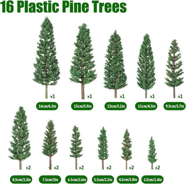 Alt view image 2 of 7 - 16 Pcs Model Pine Trees, 1.4-6.3 Inch Mixed Miniature Trees Diorama Supplies Fake Tree Landscape Tree for DIY Crafts, Building Model Scenery Landscape (Natural Green)