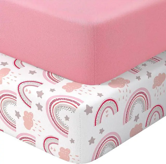 Main image of Baby Crib Sheets 2 Pack for Boys and Girls Fit for Standard Crib Toddler Mattress Breathable Soft Microfiber Baby Sheet 28x52x8in (Pink Rainbow & Pink)
