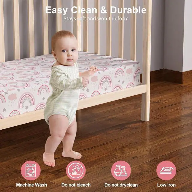 Alt view image 4 of 7 - Baby Crib Sheets 2 Pack for Boys and Girls Fit for Standard Crib Toddler Mattress Breathable Soft Microfiber Baby Sheet 28x52x8in (Pink Rainbow & Pink)