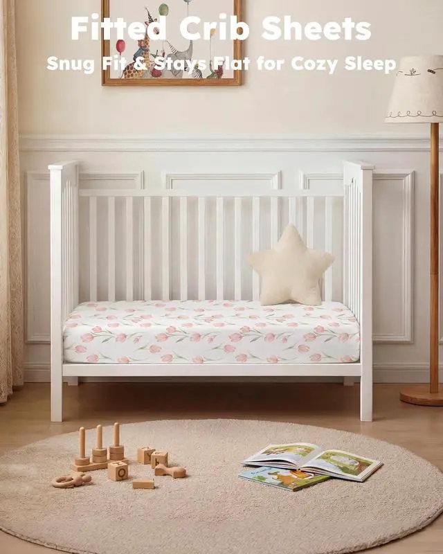 Alt view image 2 of 7 - Baby Crib Sheets Girl, Fitted Crib Sheets 52" x 28", Soft Breathable Microfiber Sheets for Standard Crib and Toddler Mattress, 2-Pack Pink Tulips