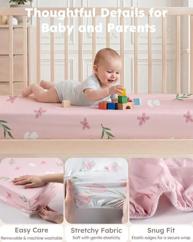 Alt view image 5 of 7 - Baby Crib Sheets Girl, Fitted Crib Sheets 52" x 28", Soft Breathable Microfiber Sheets for Standard Crib and Toddler Mattress, 2-Pack Pink Tulips
