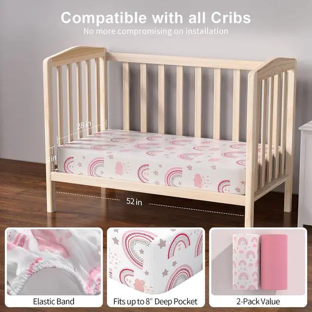 Alt view image 7 of 7 - Baby Crib Sheets 2 Pack for Boys and Girls Fit for Standard Crib Toddler Mattress Breathable Soft Microfiber Baby Sheet 28x52x8in (Pink Rainbow & Pink)