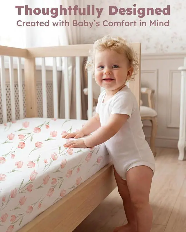 Alt view image 4 of 7 - Baby Crib Sheets Girl, Fitted Crib Sheets 52" x 28", Soft Breathable Microfiber Sheets for Standard Crib and Toddler Mattress, 2-Pack Pink Tulips