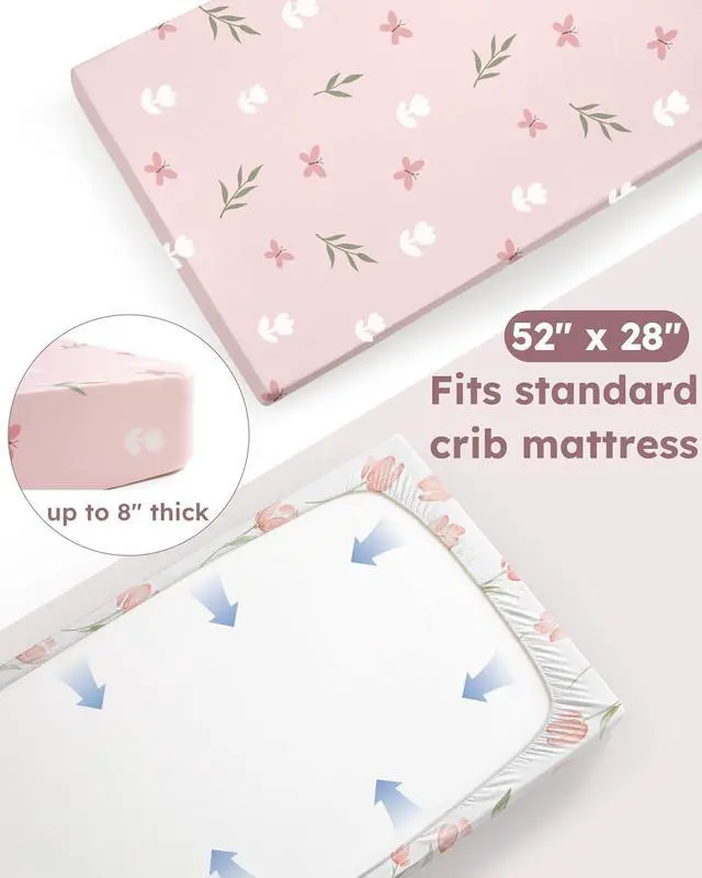 Alt view image 6 of 7 - Baby Crib Sheets Girl, Fitted Crib Sheets 52" x 28", Soft Breathable Microfiber Sheets for Standard Crib and Toddler Mattress, 2-Pack Pink Tulips
