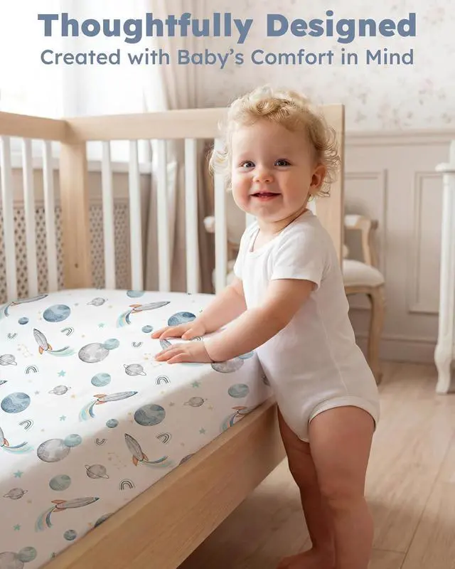 Alt view image 4 of 7 - Baby Crib Sheets for Boys and Girls, Fitted Crib Sheets 52" x 28", Soft Breathable Microfiber Sheets for Standard Crib and Toddler Mattress, 2-Pack Blue Rocket