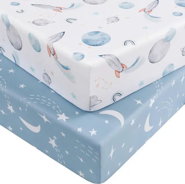 Main image of Baby Crib Sheets for Boys and Girls, Fitted Crib Sheets 52" x 28", Soft Breathable Microfiber Sheets for Standard Crib and Toddler Mattress, 2-Pack Blue Rocket