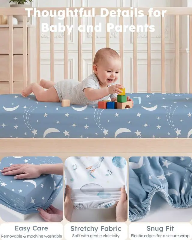 Alt view image 5 of 7 - Baby Crib Sheets for Boys and Girls, Fitted Crib Sheets 52" x 28", Soft Breathable Microfiber Sheets for Standard Crib and Toddler Mattress, 2-Pack Blue Rocket