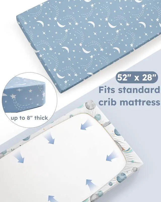 Alt view image 6 of 7 - Baby Crib Sheets for Boys and Girls, Fitted Crib Sheets 52" x 28", Soft Breathable Microfiber Sheets for Standard Crib and Toddler Mattress, 2-Pack Blue Rocket