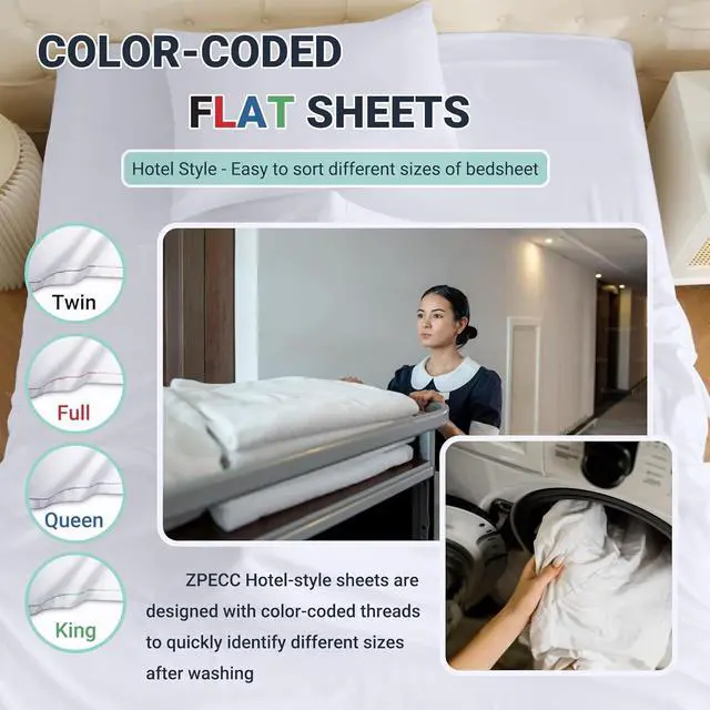 Alt view image 4 of 7 - ZPECC Twin Flat Sheet Only 1 Pack, Durable White Top Bed Sheets Hypoallergenic Soft Brushed Microfiber Color-Coded Hem Threads, 66"x96"