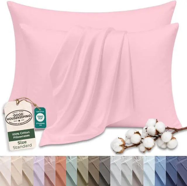 Main image of Royale Linens 100% Cotton Pillow Cases Standard Size Set of 2 - Percale Pillowcase - Pink Pillow Cases Super Soft Cooling & Breathable Hotel Cotton Pillowcases, Fits Standard Pillows (20"x26", Pink)