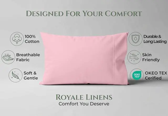 Alt view image 2 of 7 - Royale Linens 100% Cotton Pillow Cases Standard Size Set of 2 - Percale Pillowcase - Pink Pillow Cases Super Soft Cooling & Breathable Hotel Cotton Pillowcases, Fits Standard Pillows (20"x26", Pink)