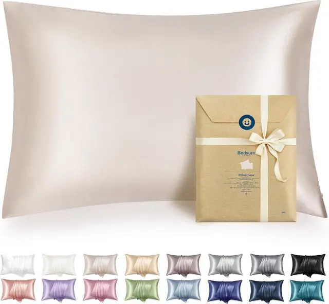 Main image of Bedsure Satin Pillowcase with Zipper, Similar to Silk Pillow Cases 2 Pack, Satin Pillow Cases Queen, Silky & Soft Beige Pillow Covers Hair and Skin, Valentines Day Gifts for Women Men, 20x30 Inches