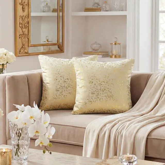 Alt view image 2 of 7 - AVOIN colorlife Gold Foil Velvet Throw Pillow Covers 18 x 18 Inch, Beige Luxury Accent Cushion Case Glitter Decoration for Home Sofa Couch Set of 2