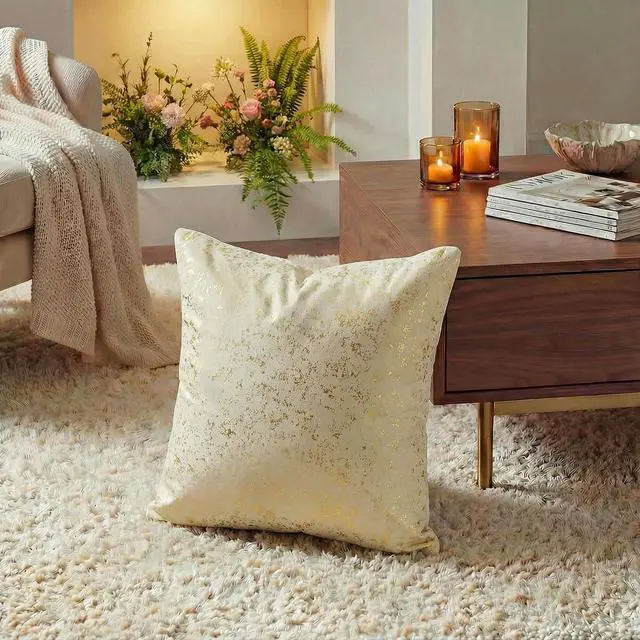 Alt view image 5 of 7 - AVOIN colorlife Gold Foil Velvet Throw Pillow Covers 18 x 18 Inch, Beige Luxury Accent Cushion Case Glitter Decoration for Home Sofa Couch Set of 2