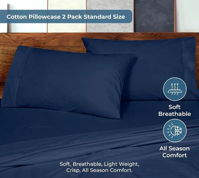 Alt view image 3 of 7 - ROYALE LINENS 100% Organic Cotton Percale Pillowcases Set of 2 - Standard Size Percale Pillowcase - Standard Set of 2 Pillow Cover - Breathable, Cool & Crisp Navy Pillow Cases (20"x26", Navy)