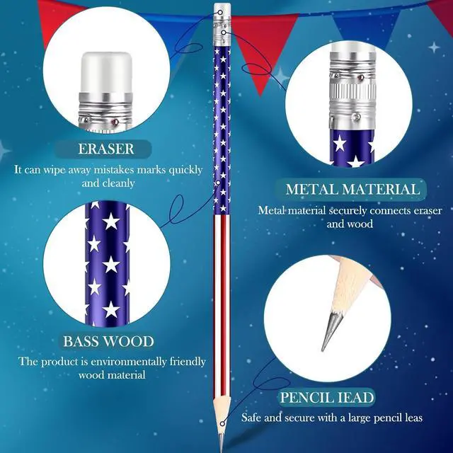 Alt view image 2 of 6 - Gersoniel 36 Pieces American Flag Pencils Wooden Patriotic Pencils for 4th of July USA Independence Day 250th Anniversary Parades Party Favors Office Supplies