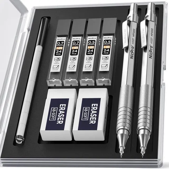 Main image of Nicpro 2 PCS Metal Mechanical Pencil 0.5mm & 0.7 mm with Case