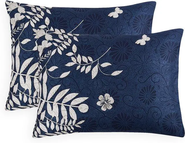 Main image of Wake In Cloud - Floral Pillow Cases, Flowers and Tree Leaves Shabby Chic Pattern Printed, Set of 2 Soft Pillowcases Pillow Shams Covers, Navy Blue Gray, Standard Size 20x26 Inches