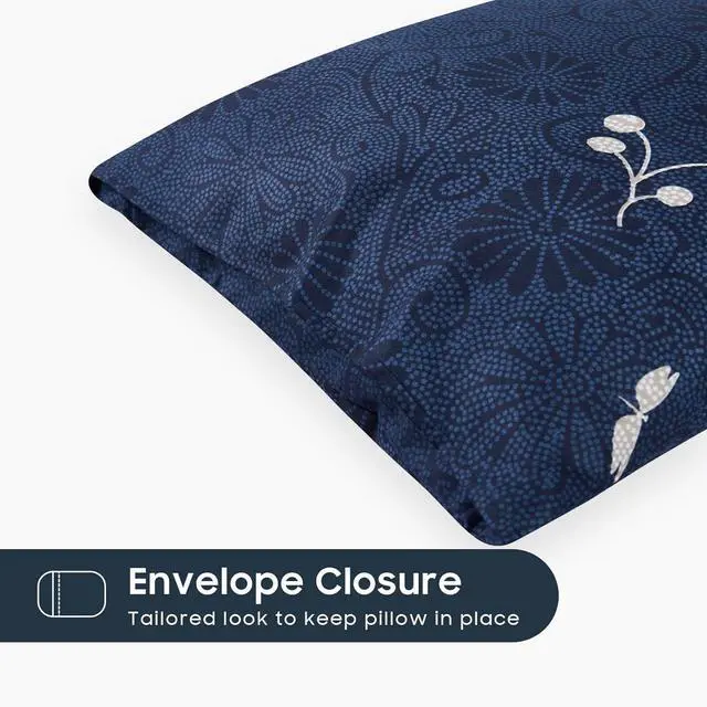 Alt view image 3 of 5 - Wake In Cloud - Floral Pillow Cases, Flowers and Tree Leaves Shabby Chic Pattern Printed, Set of 2 Soft Pillowcases Pillow Shams Covers, Navy Blue Gray, Standard Size 20x26 Inches