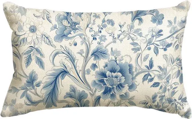 Main image of AVOIN colorlife Chinoiserie Flowers Trees Blue Throw Pillow Cover, 12 x 20 Inch Floral Spring Summer Cushion Case Decoration for Sofa Couch Farmhouse