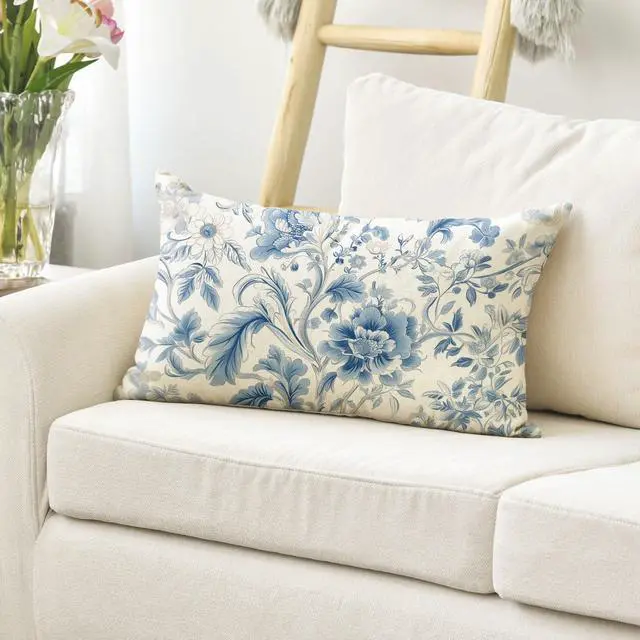 Alt view image 3 of 7 - AVOIN colorlife Chinoiserie Flowers Trees Blue Throw Pillow Cover, 12 x 20 Inch Floral Spring Summer Cushion Case Decoration for Sofa Couch Farmhouse