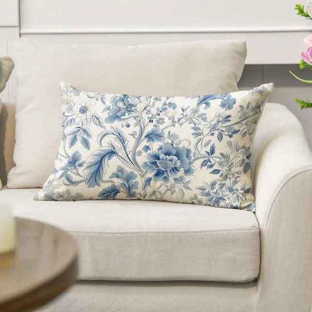 Alt view image 5 of 7 - AVOIN colorlife Chinoiserie Flowers Trees Blue Throw Pillow Cover, 12 x 20 Inch Floral Spring Summer Cushion Case Decoration for Sofa Couch Farmhouse