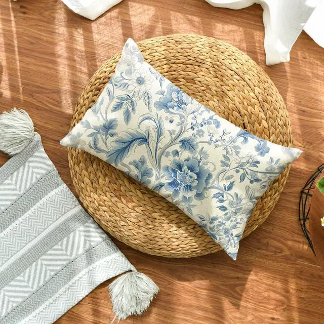 Alt view image 2 of 7 - AVOIN colorlife Chinoiserie Flowers Trees Blue Throw Pillow Cover, 12 x 20 Inch Floral Spring Summer Cushion Case Decoration for Sofa Couch Farmhouse